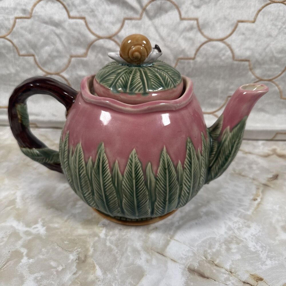 Nouveau Majolica Teapot Pink with Green Leaves Snail on Lid